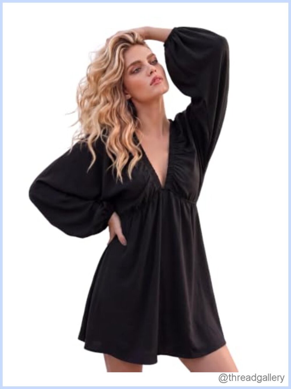 Women Deep V Neck Puff Sleeve Backless A Line Mini Dress Stretch